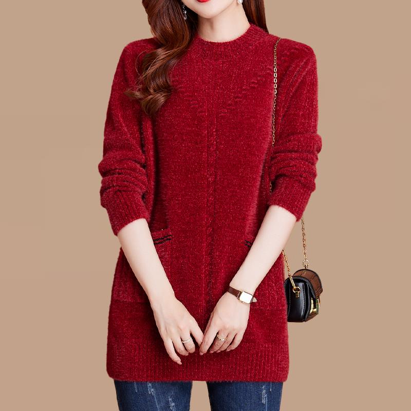 雪尼尔中长款内搭羊毛衫毛衣女秋冬宽松外穿加大码妈妈装厚打底衫