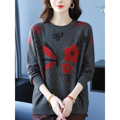 胖妈妈秋冬毛衣女宽松大码印花上衣显瘦遮肚子毛衣胖mm针织打底衫