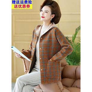 采购产品妈妈秋冬休闲连帽外套,中年妇女格纹上衣,时尚外套,中