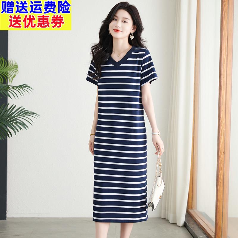 纯棉条纹洋装女夏V领长版过膝短袖t恤裙大尺码休闲 宽松显瘦V领
