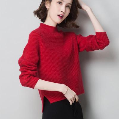 红色半高领毛衣女短款小个子2024秋冬新款洋气打底衫针织衫羊毛衫