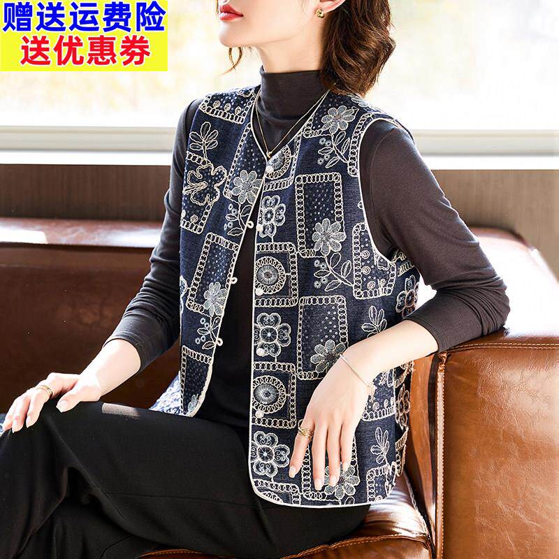 中年妈妈春装国风马甲背心上衣服中老年女春秋季短款坎肩马夹外套
