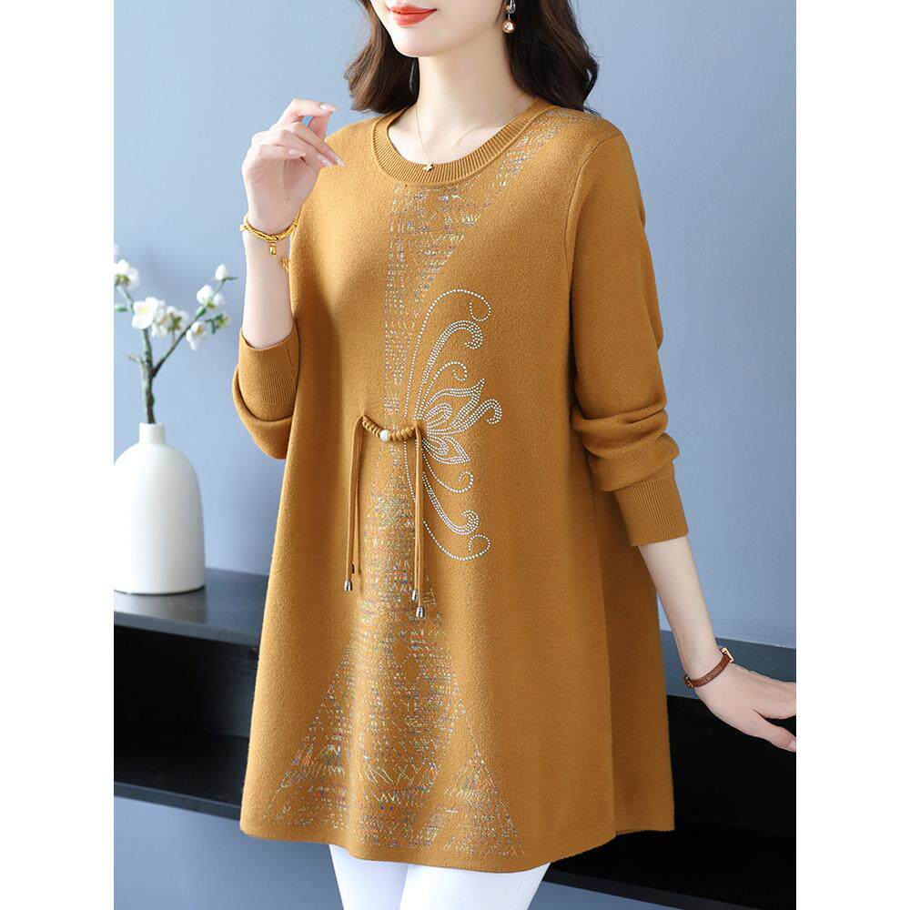 妈妈秋冬新款中长款毛衣洋气国风加大码羊毛衫女宽松时尚针织上衣