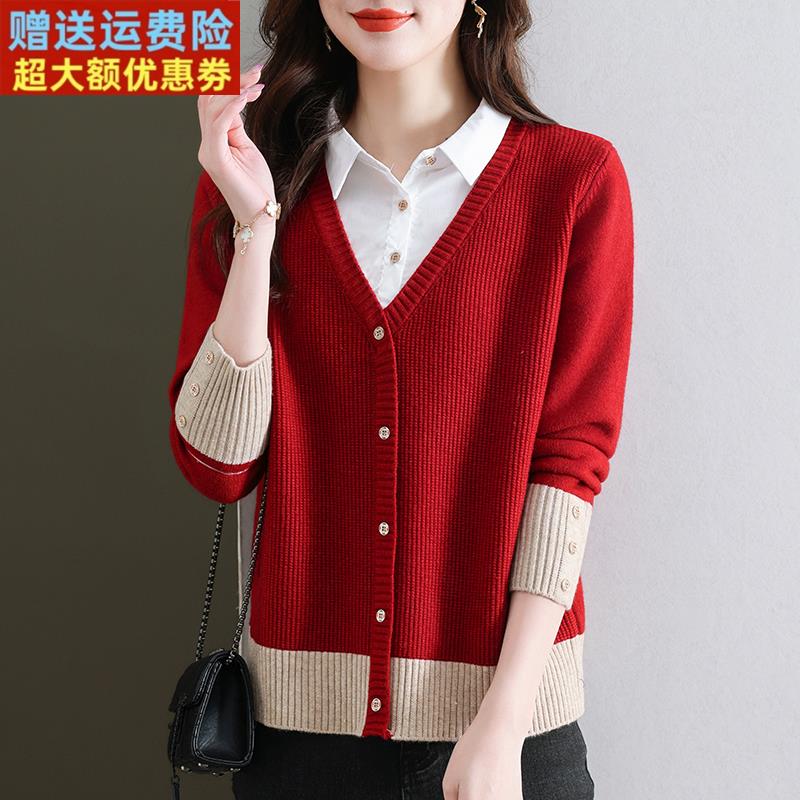 中年妈妈装假两件本命年红色毛衣女春秋宽松大码上衣衬衫领打底衫