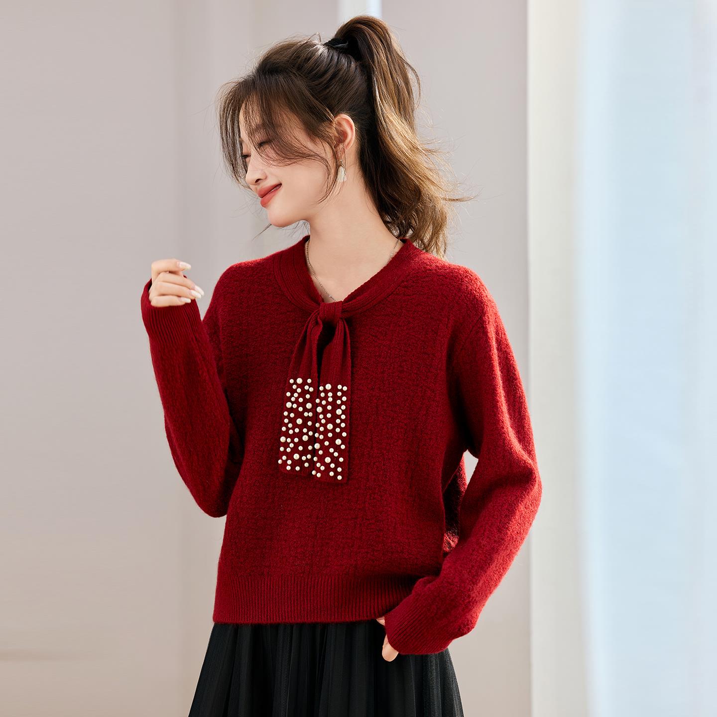 蝴蝶结领毛衣女士秋冬新款时尚烫钻针织打底衫短款宽松配裙子上衣