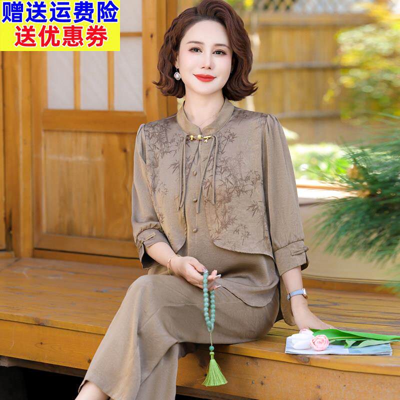 新中式国风妈妈夏装杭州真丝套装上衣女高贵中老年桑蚕丝两件套薄
