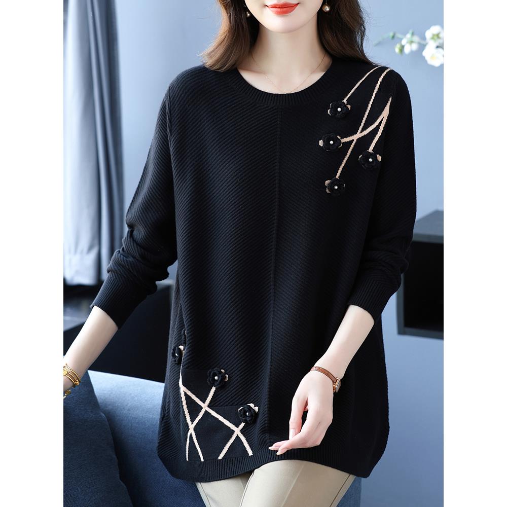 胖人200斤妈妈装中国风新款打底衫圆领遮臀宽松大码毛衣羊毛衫女