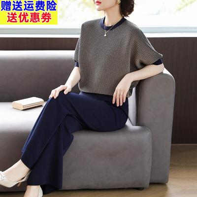妈妈春装休闲运动套装中年女装夏季针织两件套中老年女士短袖上衣