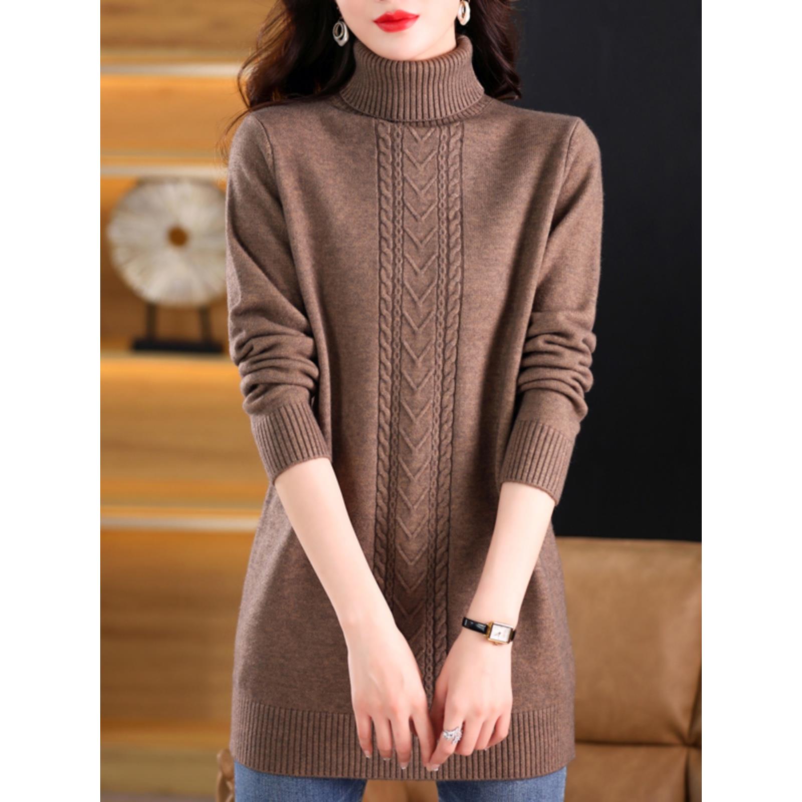 妈妈装新款羊毛衫高领毛衣裙女加厚秋冬中长款宽松内搭针织打底衫