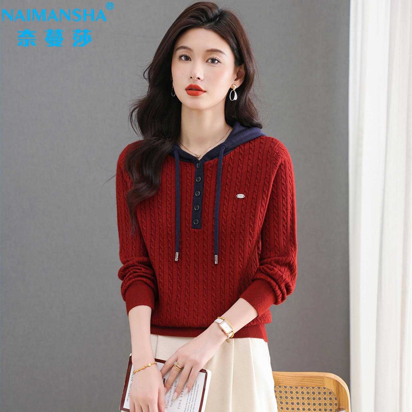 连帽针织衫卫衣女套头妈妈毛衣女红色羊毛衫上衣女短款宽松打底衫