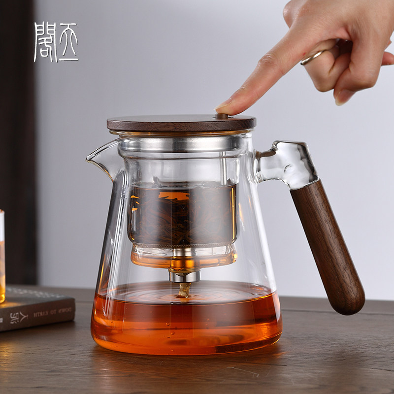 天一阁丨中式飘逸杯玻璃泡茶壶胡桃木加厚一键过滤耐高温煮茶壶