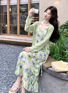 木夕儿女装2026夏季新款绿色碎花吊带两件套连衣裙防嗮外套
