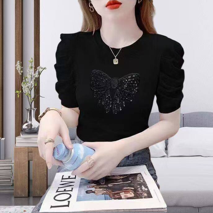 黑色t恤女夏装新款设计感泡泡袖短袖T恤修身显瘦蝴蝶结装饰上衣女