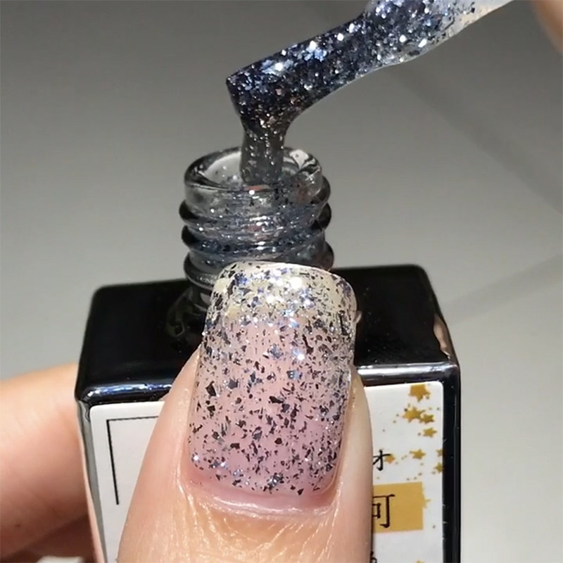 新款日韩爆闪亮片云锦胶微钻闪粉美甲店光疗甲油胶菱形不规则银色