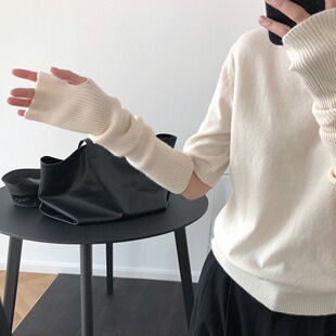 针织手套袖套女秋冬季酷保暖白色套袖手袖护腕毛衣毛线半指手臂套
