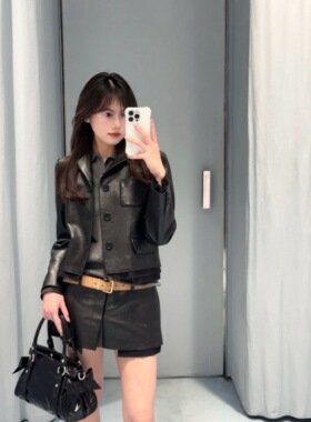 TT OF Girl 定制线 早春甜酷风 小羊皮徽标字母假两件皮衣外套