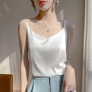 夏季仿真丝吊带背心女士V领内搭外穿西装打底衫白色上衣宽松露背