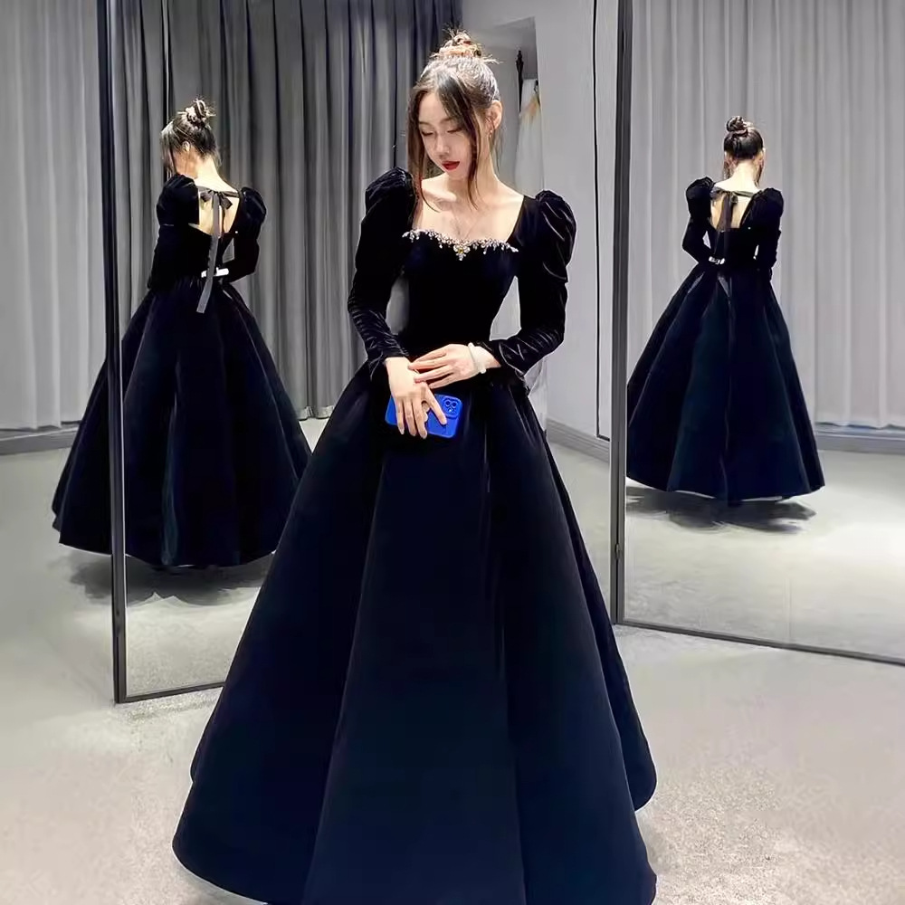 晚礼服轻奢小众高端艺考生日主持长款法式高级洋装丝绒秋冬连衣裙