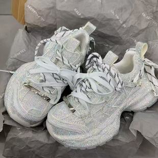 厚底老爹鞋 系带单鞋 女春季 满钻运动鞋 小个子增高休闲鞋 2026新款