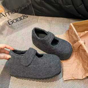 0431 2026新款毛呢玛丽珍鞋女时尚潮流休闲鞋系带单鞋厚底松糕鞋