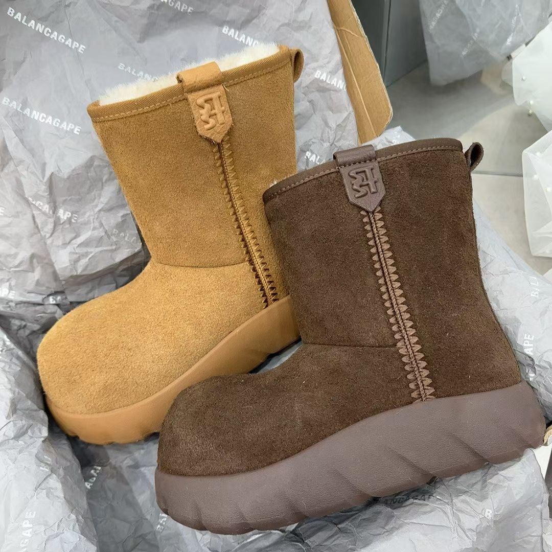 2025新款真皮厚底雪地靴女冬季加绒保暖短靴磨砂皮东北人外穿棉鞋