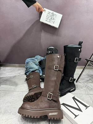 2025新款皮带扣长筒靴女粗跟厚底不过膝高筒靴时尚潮流时装靴子