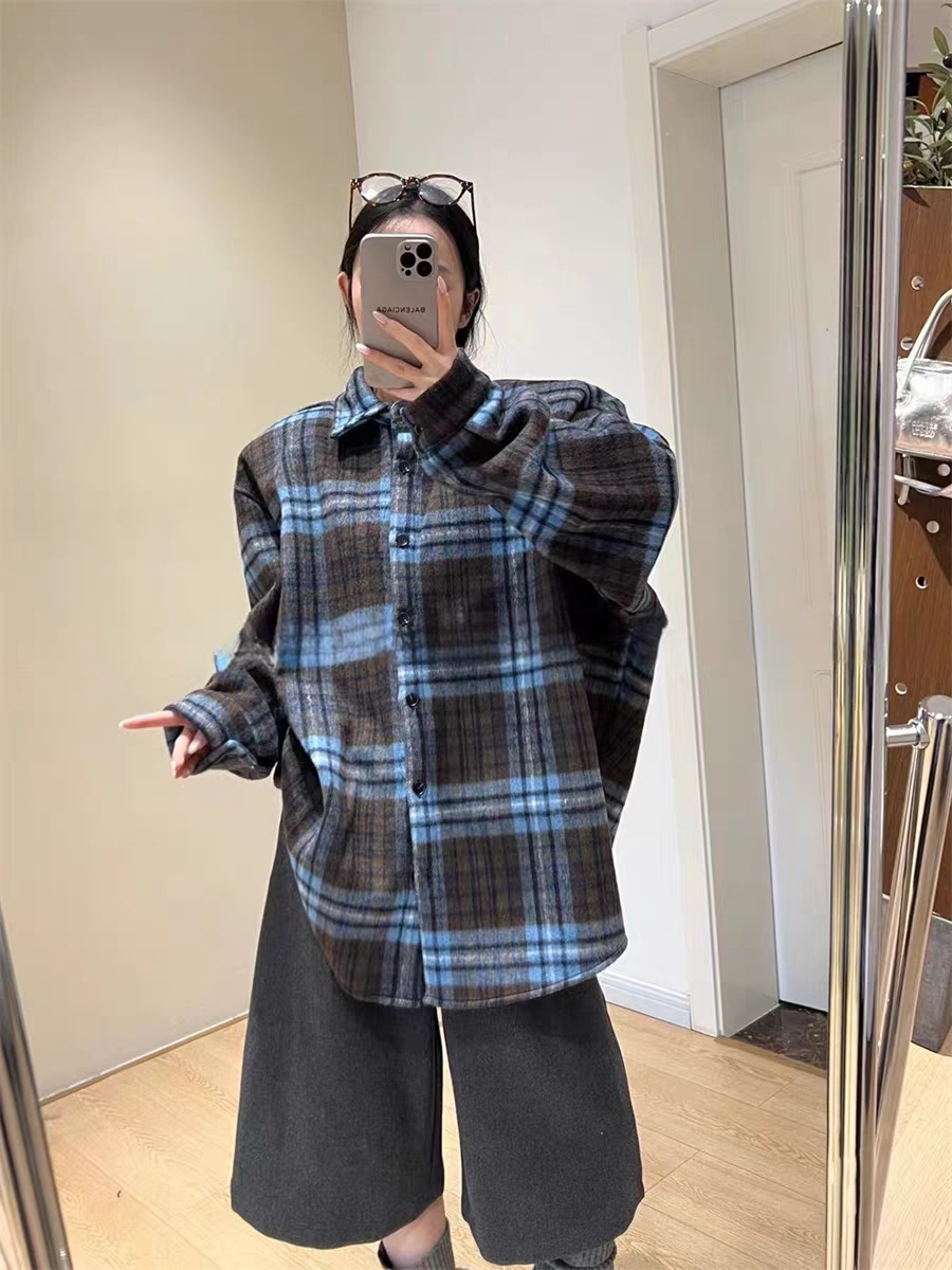 磨毛格子衬衫羊毛秋冬慵懒风宽松衬衫