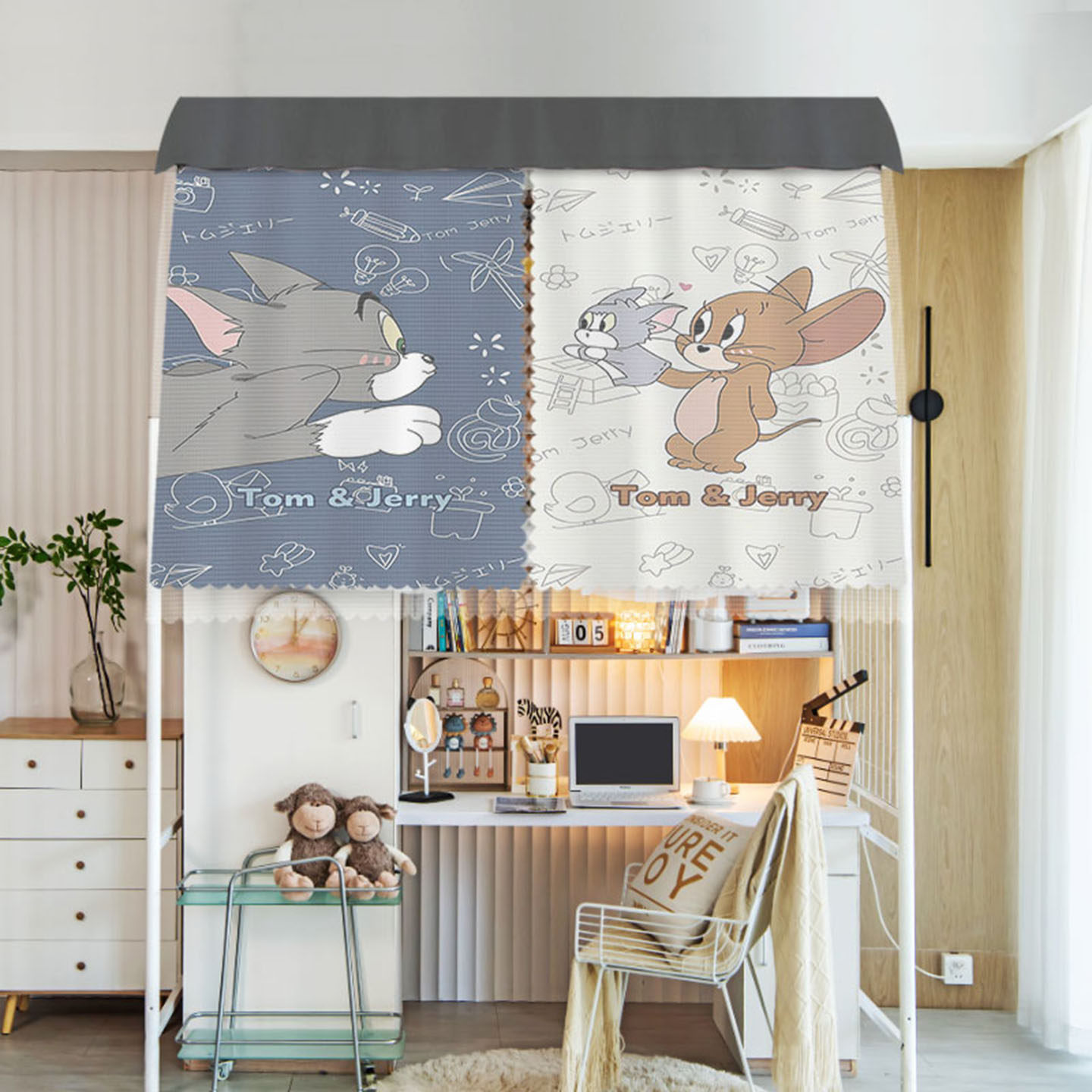 爆款U型滑轨床帘宿舍上铺遮光 大学生宿舍遮光床帘上下铺猫和老鼠