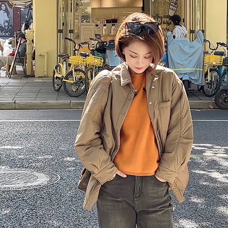 颜菱薄棉衣女2025秋冬新款休闲宽松丝绵翻领外套Y10303