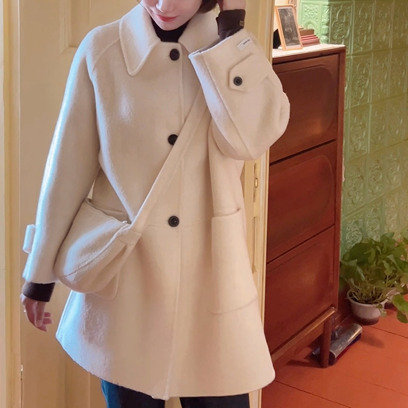 颜菱大衣女2025秋冬新款高级感米白色双面尼大衣附送包包Y10302