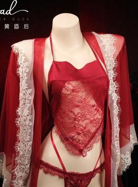 流花似水  性感蕾丝肚兜制服纯欲套装全透视内衣情侣房事睡袍红色