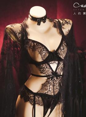 玛丽  黑色性感睡衣蕾丝内衣钢圈聚拢情趣女吊带连体内衣套装透视