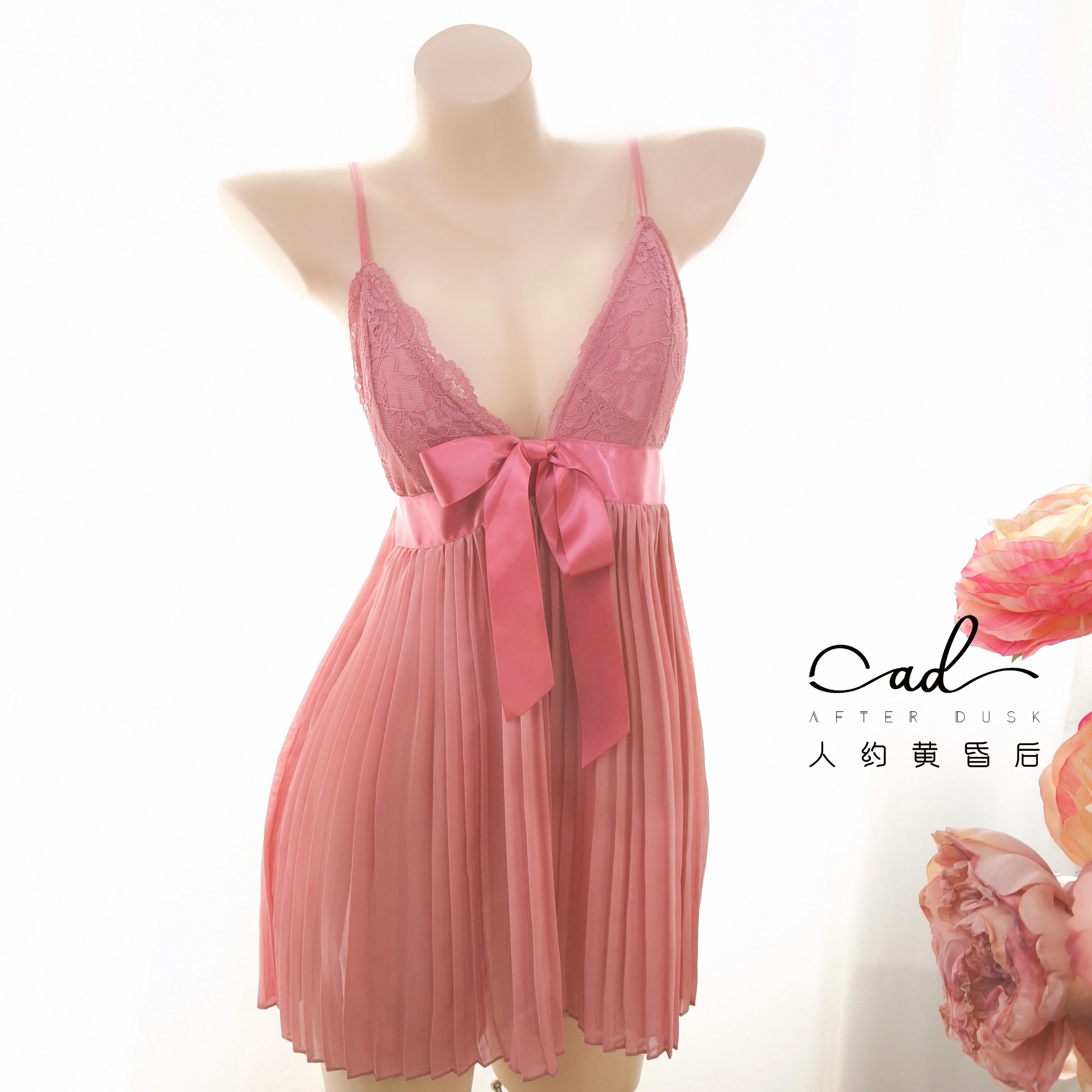 复古粉百褶网纱裙微透吊带睡裙少