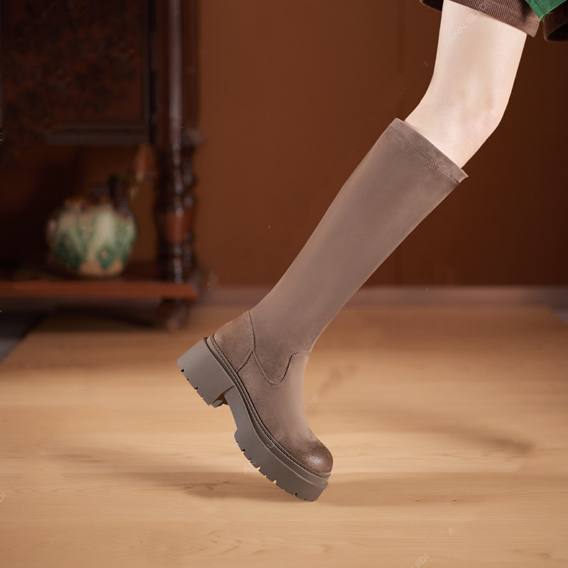 BOOTS WOMENS FALL|WINTER 2023 NEW KNEE BOOTS FLEECE RIDER BOOTS SLIM STRETCH BOOTS THICK-SOLED TALL BOOTS