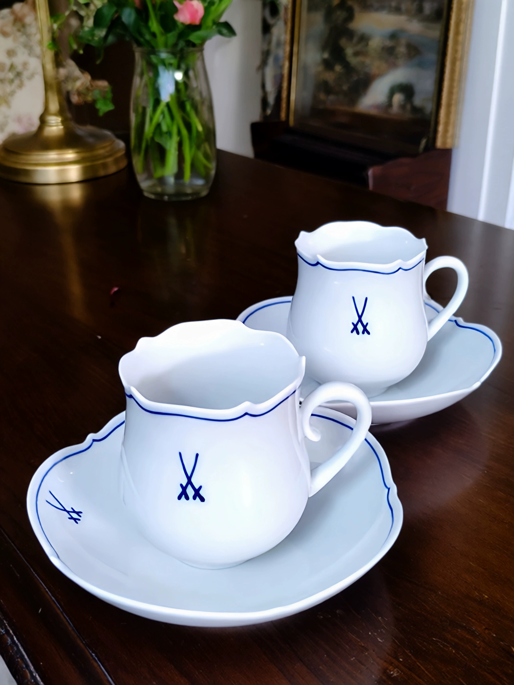 手绘茶杯咖啡杯Meissen骨瓷双剑