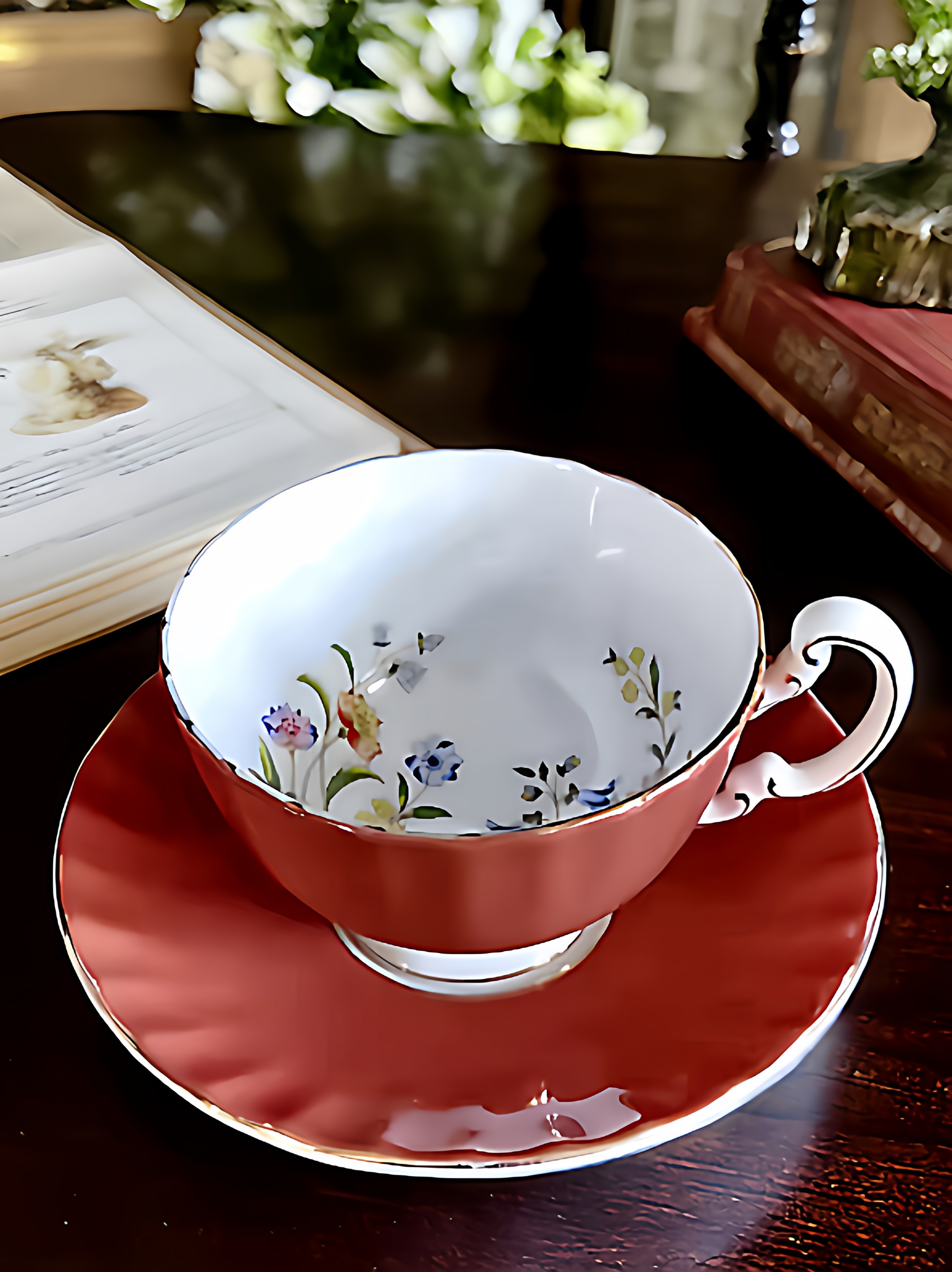 英国产皇家骨瓷AYNSLEY安斯丽咖啡杯复古枫叶红下午茶杯碟红茶杯