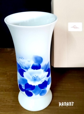日本皇室御用深川制磁FUKAGAWA蓝色手绘花瓶室内装饰摆件山茶花