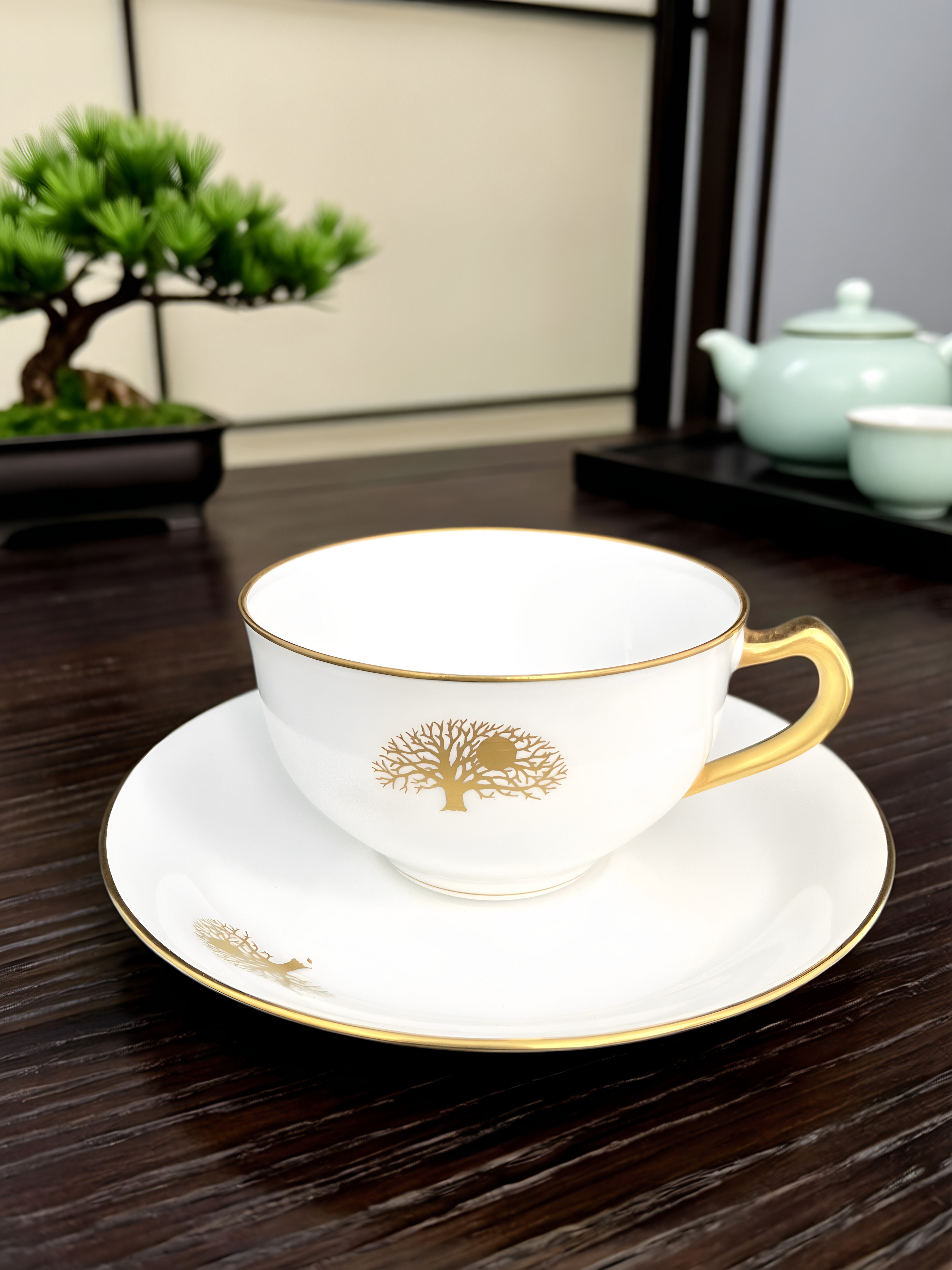 日本名瓷大仓陶园手绘金边树纹骨瓷杯碟茶杯茶具下午茶杯碟餐具