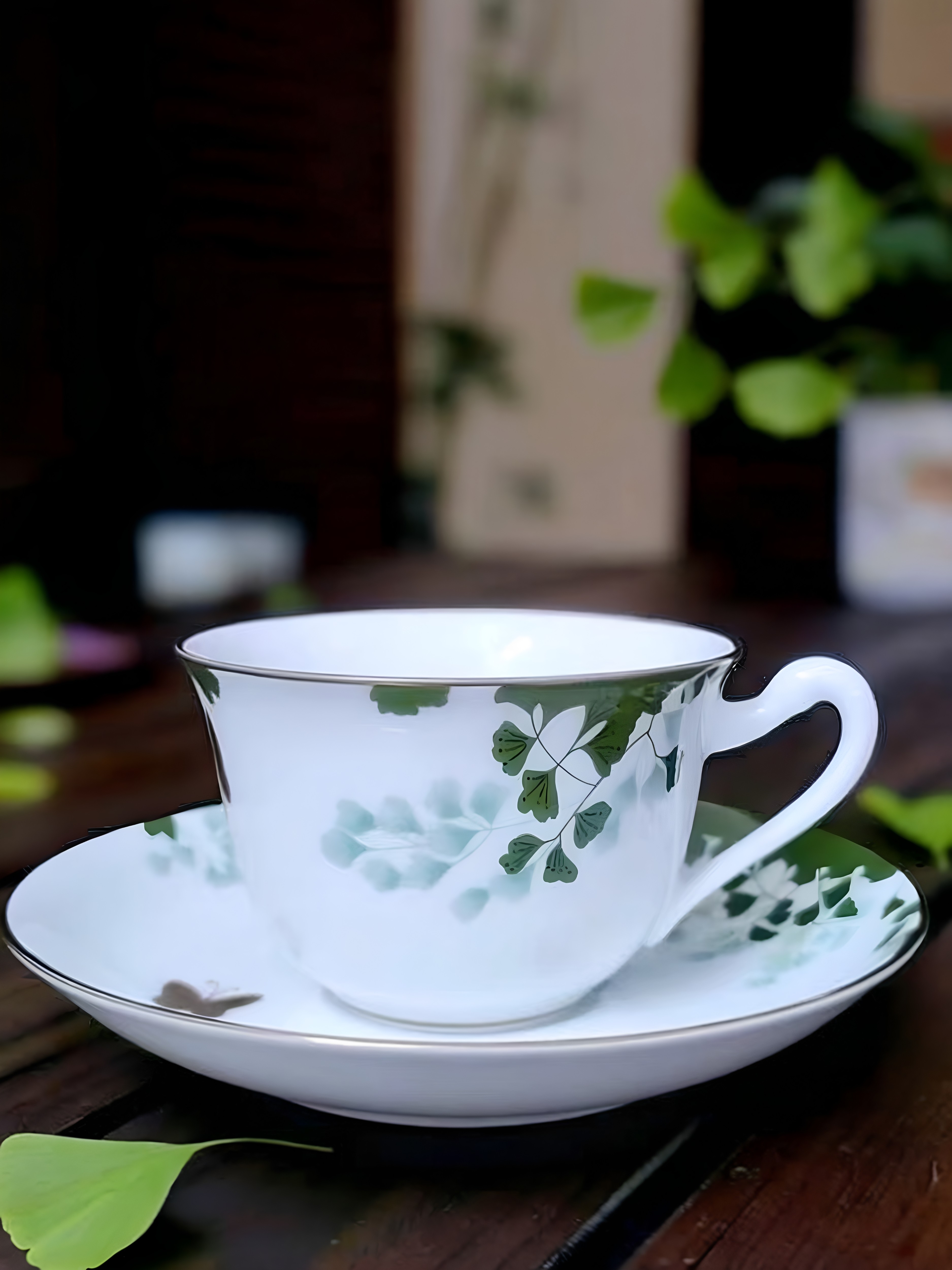 日本大仓陶园OKURA ART CHINA咖啡杯碟绿叶金蝴蝶红茶杯收藏限量