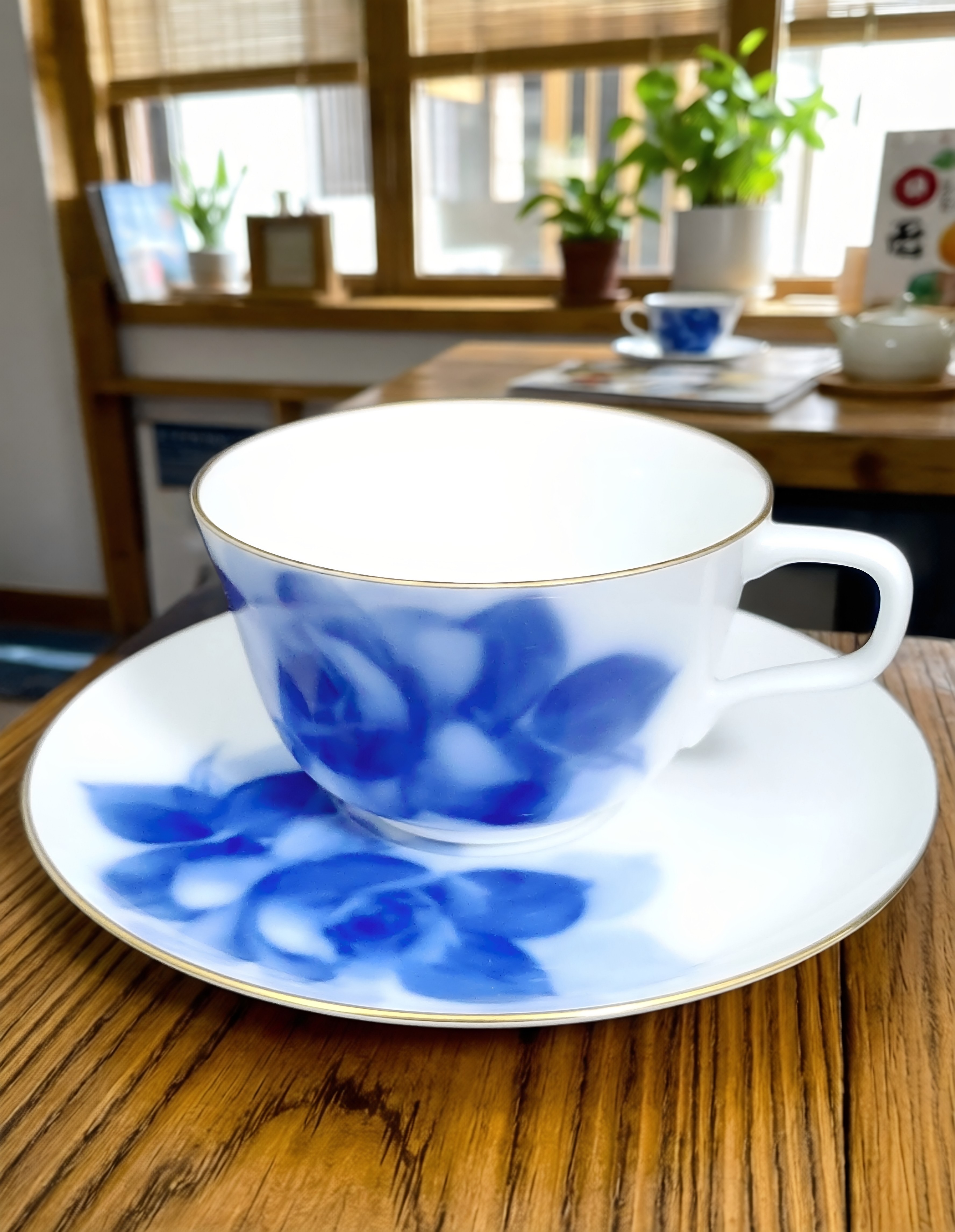 日本大仓陶园Blue Flowers蓝花手绘冈染玫瑰咖啡杯下午茶杯碟中古