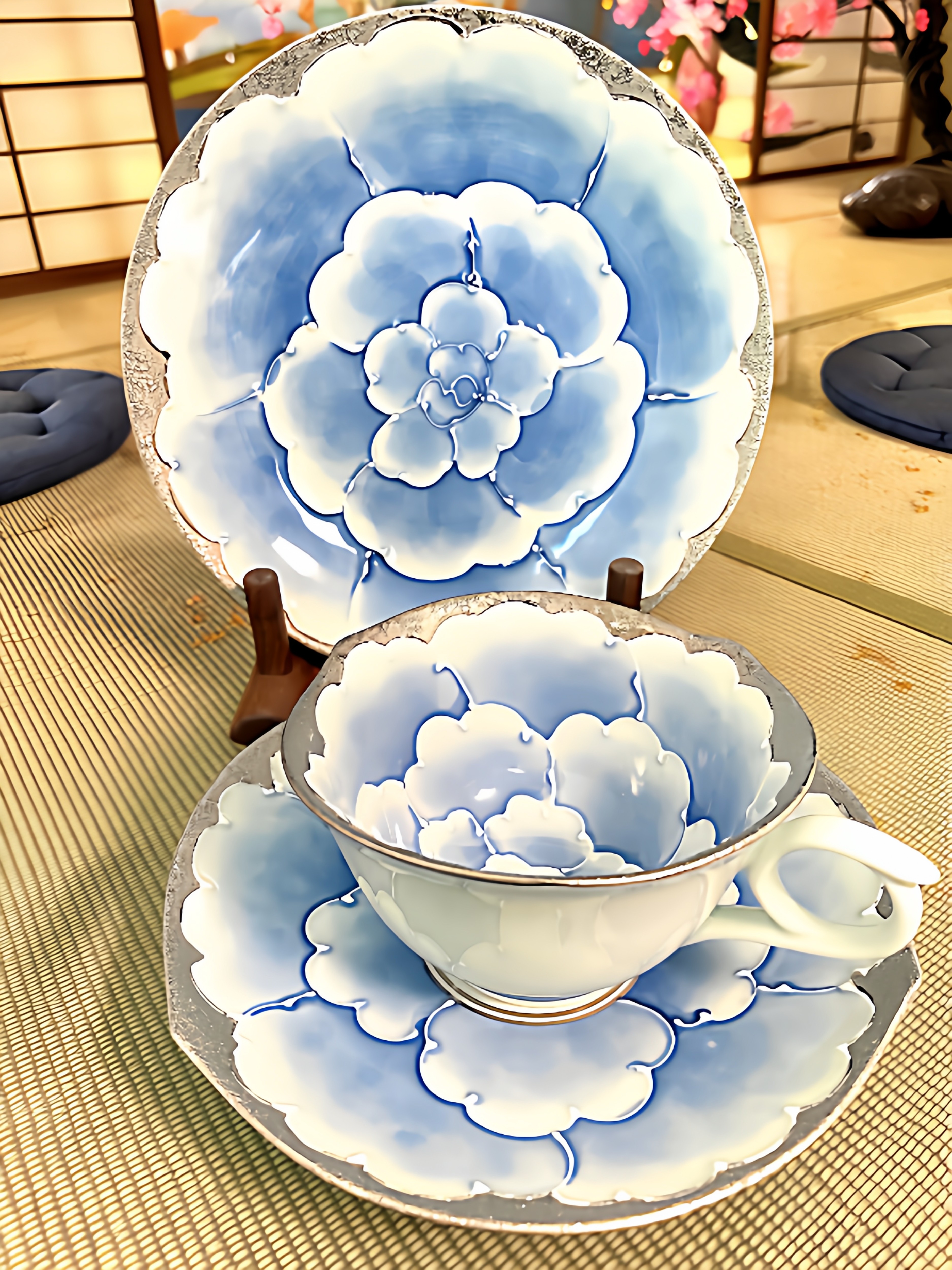 日本进口手绘文山窑白金牡丹环花三件套蛋糕盘咖啡杯茶杯碟下午茶