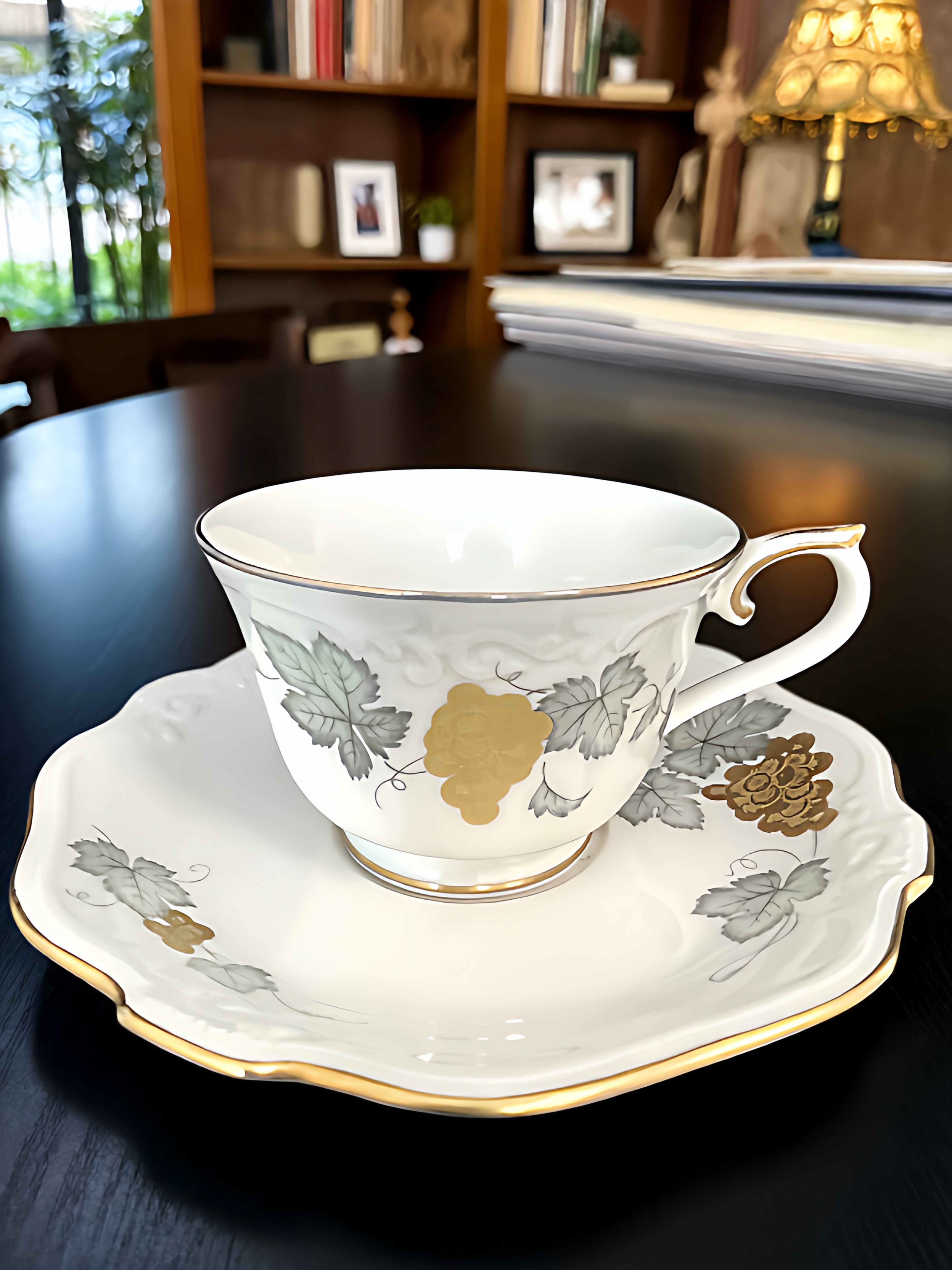 日本名瓷则武Noritake骨瓷咖啡杯茶杯碟浮雕复古描金葡萄藤叶欧式