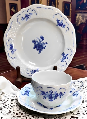德国瓷器Lindner手绘青花咖啡杯茶杯碟下午茶餐具Cobalt Blüten