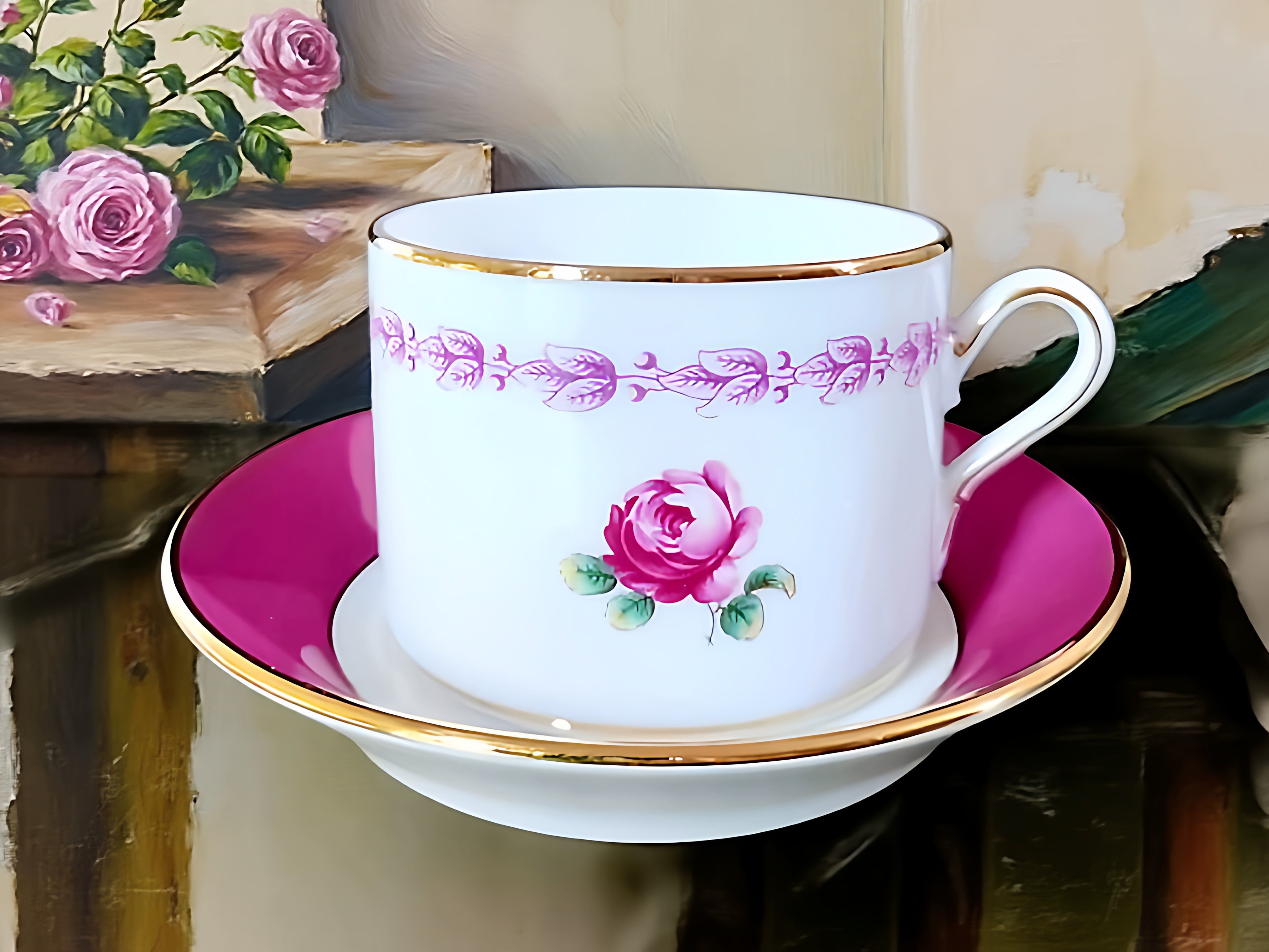 意大利名瓷RICHARD GINORI粉色玫瑰花咖啡杯 下午茶杯碟欧式复古