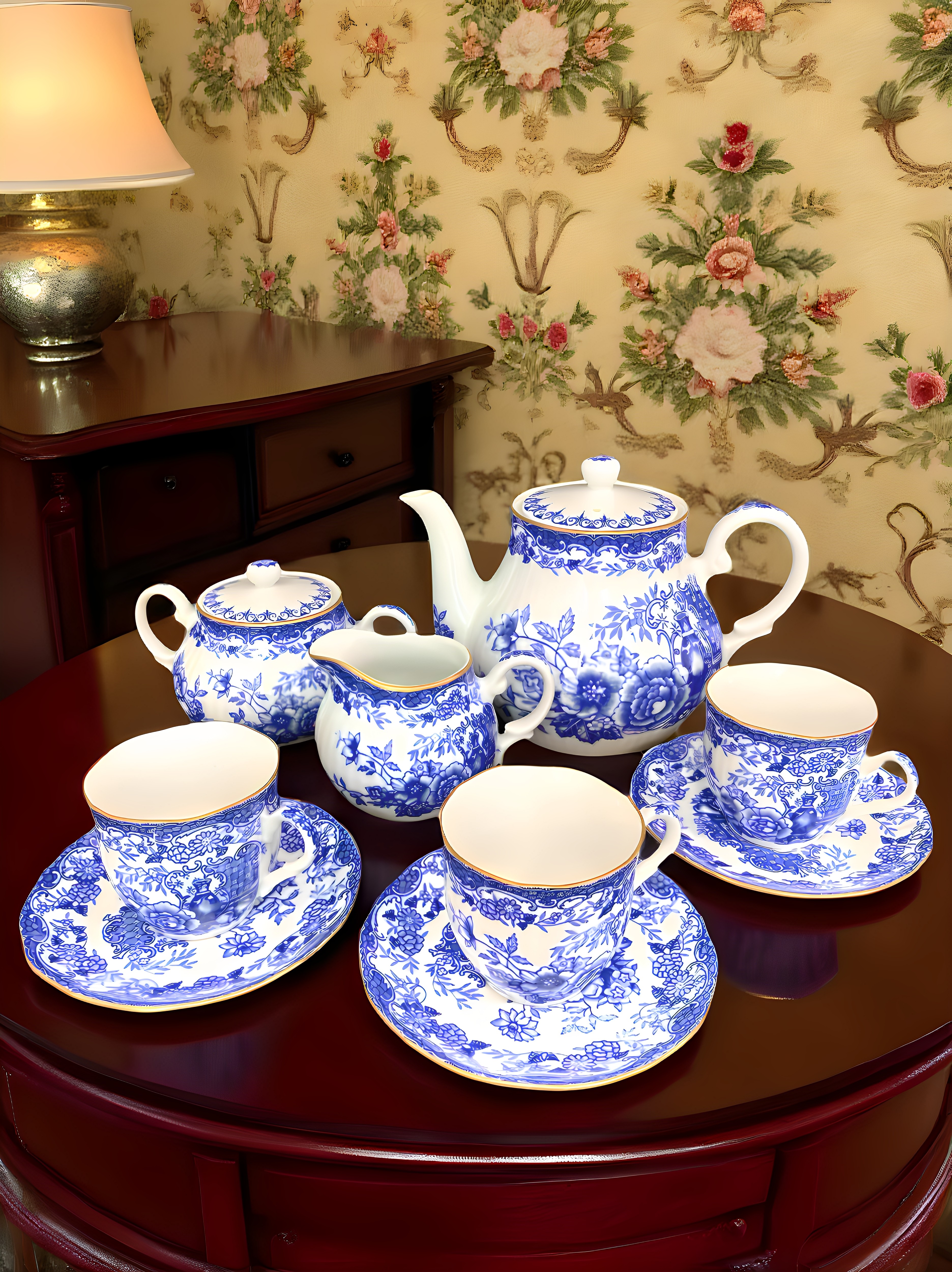 日本鸣海NARUMI青花瓷手绘茶杯茶壶套装复古收藏摆件中古vintage
