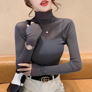 女长袖 内搭网纱打底衫 t恤女纱衣 女2025新款 木耳边高领亮丝蕾丝衫