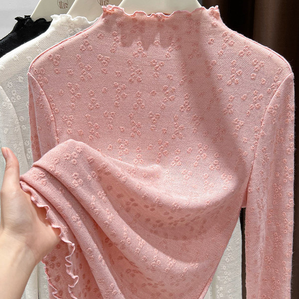 软糯针织提花蕾丝打底衫半高领有设计感修身法式内搭木耳边上衣