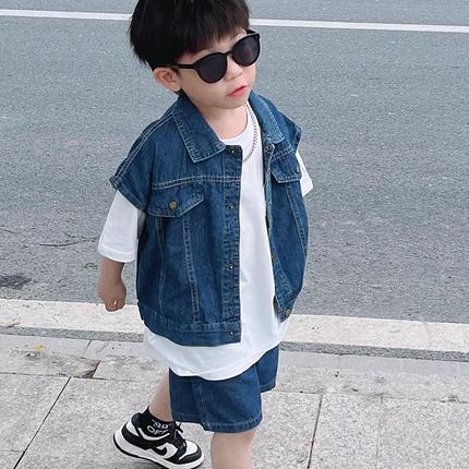 巴拉巴柆男童夏季套装2023新款韩版牛仔马甲短裤儿童洋气炸街帅气