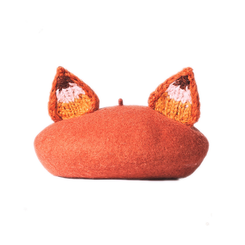 耳朵羊毛女士百搭贝雷帽