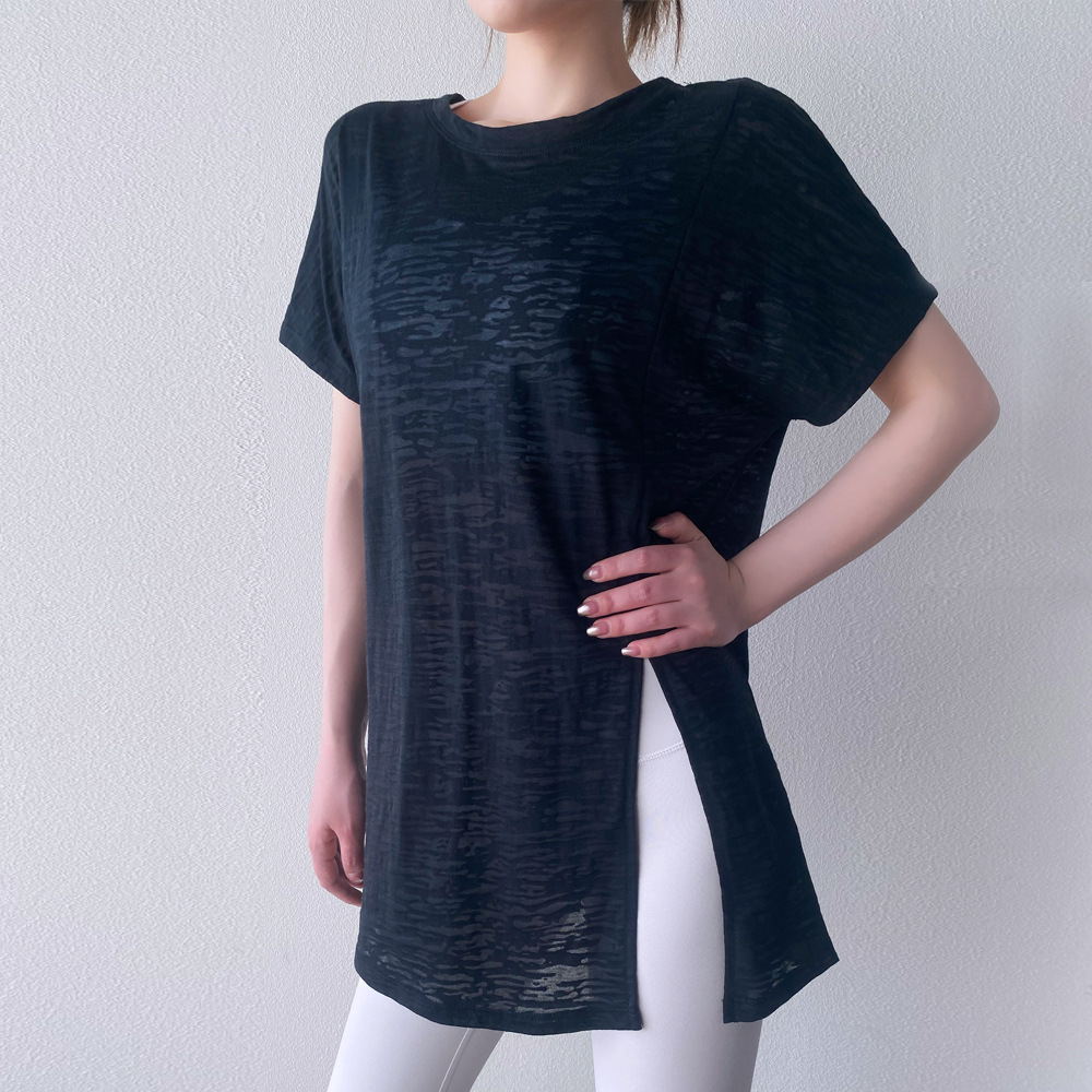 宽松透气瑜伽服罩衫中长款遮臀轻薄运动上衣跑步健身速干短袖T恤